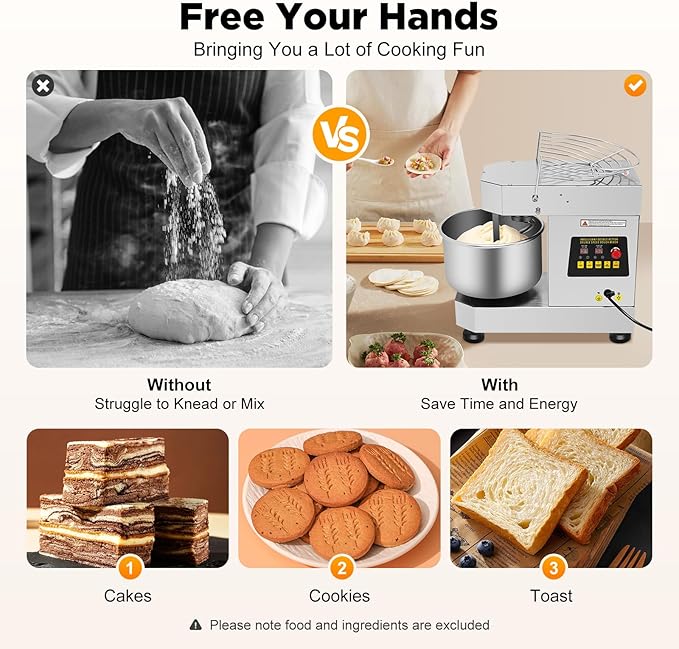 Commercial Food Mixer, 10L Electric Dough Mixer Machine, 750W 110V Dual Rotating Dough Kneading Machine With Stainless Steel Bowl & Security Shield for Bakeries Restaurants Pizzerias