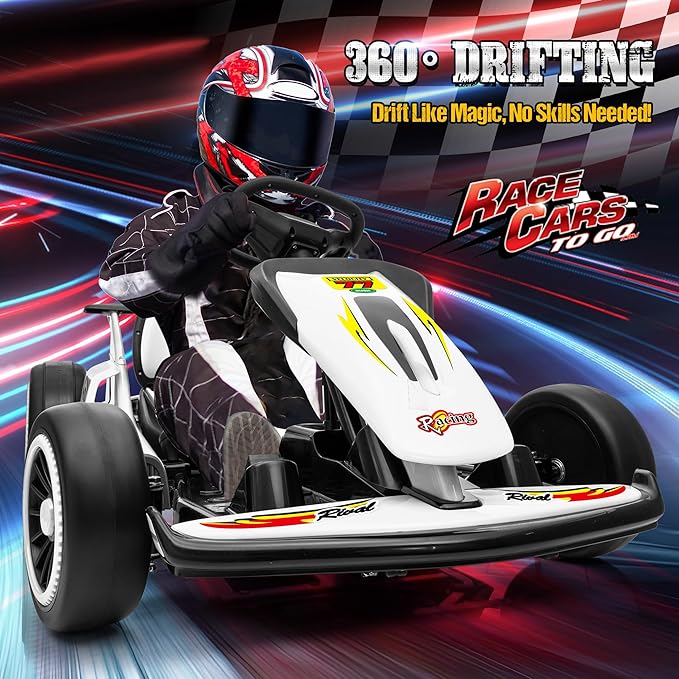 24V Electric Go Kart for Kids, Drift Kart with 400W Motors, EVA Tires, Max Speed 8.1 MPH, Music, Wireless, Electric Drifting Cart Outdoor Ride on Toy for Kids Ages 6+ (White)