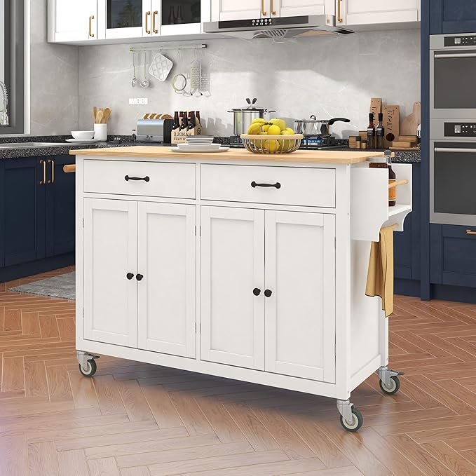 Favfurish Kitchen Island Cart on Locking Wheels with 4 Cabinet and 2 Drawers, Rolling Coffee Bar Trolley w/Solid Wood Tabletop, Adjustable Shelves, Spice & Towel Side Rack, for Dining Room, White