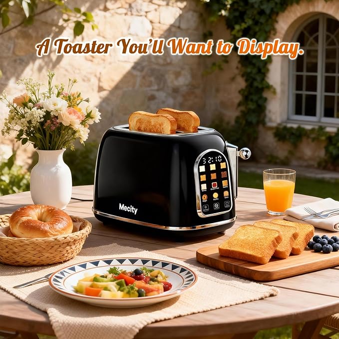 Mecity Toaster 2 Slice, Touch Screen Wide Slot Retro Toaster For Breads Bagel Muffin Waffle, House Warming Gift New Home, 120V 825W, Jet Black
