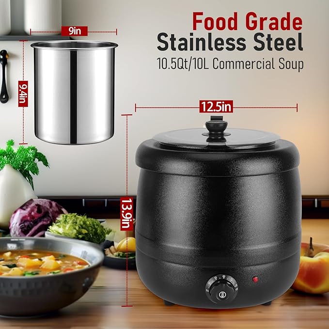 10.5QT Soup Warmers Commercial Soup Kettle with Stainless Steel Hinged Lid and Detachable Insert Pot, Electric Soup Pot for Restaurants and Party, Home, Catering (Black)
