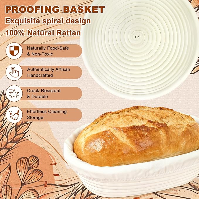 Sourdough Starter Kit,Sourdough Bread Baking Supplies, 9" Round and 10" Oval Banneton Bread Proofing Basket Set with Sourdough Starter Jar, Sourdough Bread Making Kit Valentine's Gifts for Women Wife