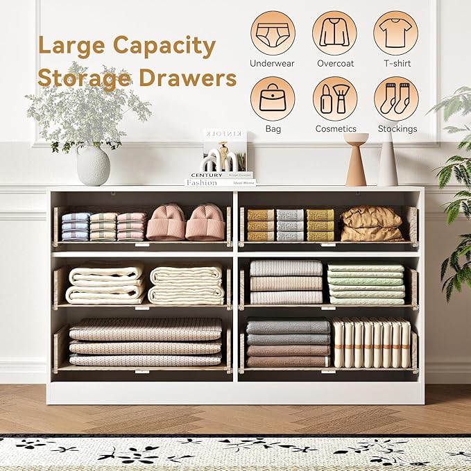 6 Drawers Fluted Dresser for Bedroom, 55" Wide Wooden Dresser with Deep Drawers, Large Floor Chest of Drawers, Modern Long TV Stand, Storage Cabinet Side Table, White