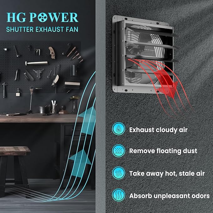 HG Power 10 Inch Shutter Exhaust Fan with Speed Controller, 647CFM High-Speed Vent Fan with, 1400RPM Wall Mounted Attic Fan for Shed, Garage, Greenhouse Ventilation, Black