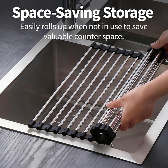 Roll Up Dish Drying Rack for Over Sink -17.5"x11.8" Foldable Stainless Steel Kitchen Drainer, Black