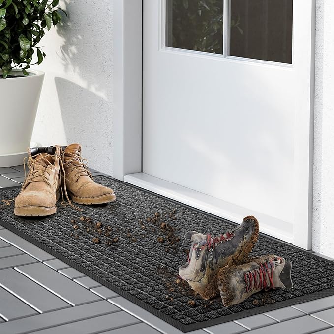 Kuyal Front Door Mat, 2'*4' Door Mat for Inside Outside Entrance,Waterproof Welcome Mats with Non-Slip Backing, Indoor Outdoor Entryway, Commercial Floor Mats, Durable & Easy to Clean, Dark Gray