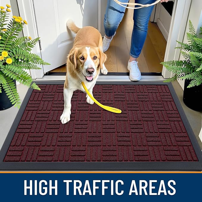 OLANLY Front Door Mat Outside Entrance 29.5x17, Absorbent, Heavy Duty Sturdy Natural Rubber Doormat Indoor Outdoor, Non-Slip, Stain and Fade Resistant, Low Profile Floor Mat for Entryway, Burgundy