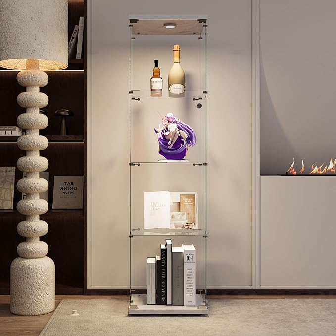 Yoluckea 4 Tiers Glass Display Cabinet with Paipai Light, 1 Door Floor Standing Curio Cabinet with Adjustable Floor Feet for Home Office Corner Display, White Glass Bookshelf for Collections and Decor