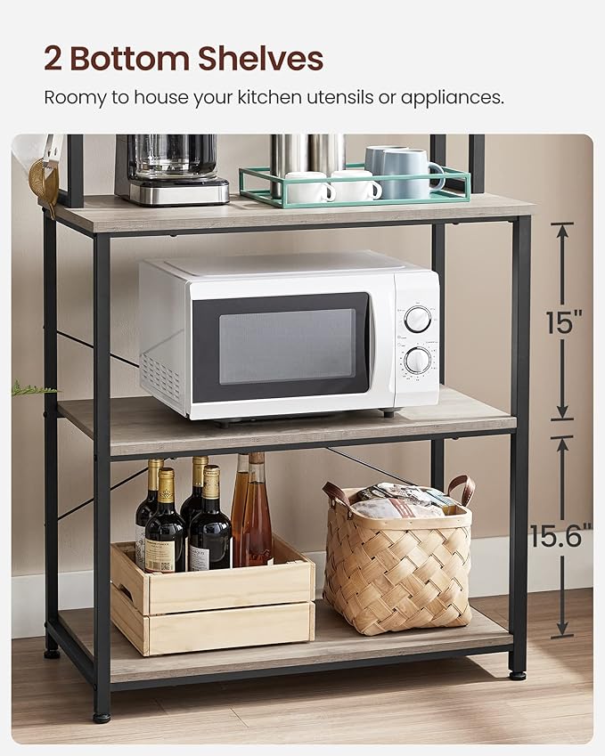 VASAGLE Coffee Bar, 31.5 Inches Baker's Rack for Kitchen with Storage, 6-Tier Kitchen Shelves with 6 Hooks, Microwave Stand, Industrial, Heather Greige and Ink Black UKKS019B02