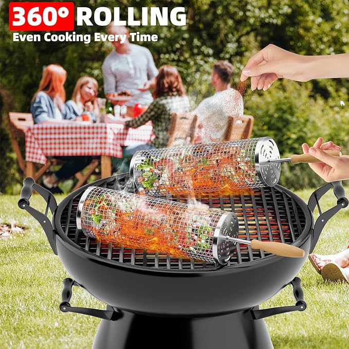 Rolling Grill Basket Grilling Gifts for Men, Nesting Grilling Baskets for Vegetable Small Meat, Removable Handle, 304 Stainless Steel, Outdoor Grill Accessory BBQ Gift for Birthday & Christmas