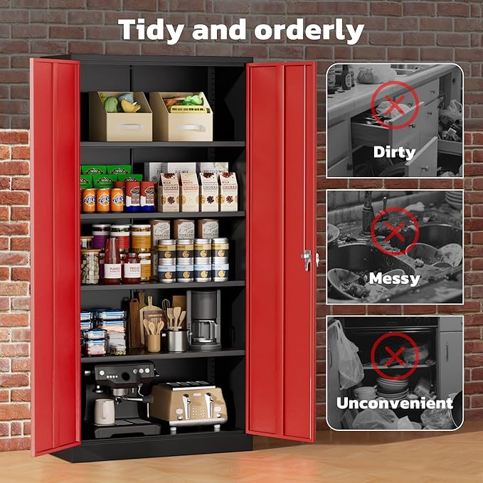 Greenvelly Metal Storage Cabinet with 2 Doors and 4 Adjustable Shelves, 72”H Steel Lockable Storage Cabinet,Tall Metal Garage Cabinet Locking File Cabinet for Office,Home, Garage, Gym, School