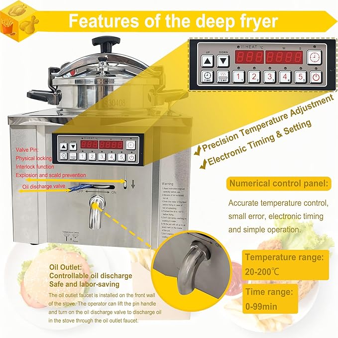 16L Commercial Pressure Fryer, 220V 3000W Electric Countertop Deep Fryer with Digital Control Panel, 304 Stainless Steel Frying Basket with Handle for Chicken Wings Chips Fishes Meatballs