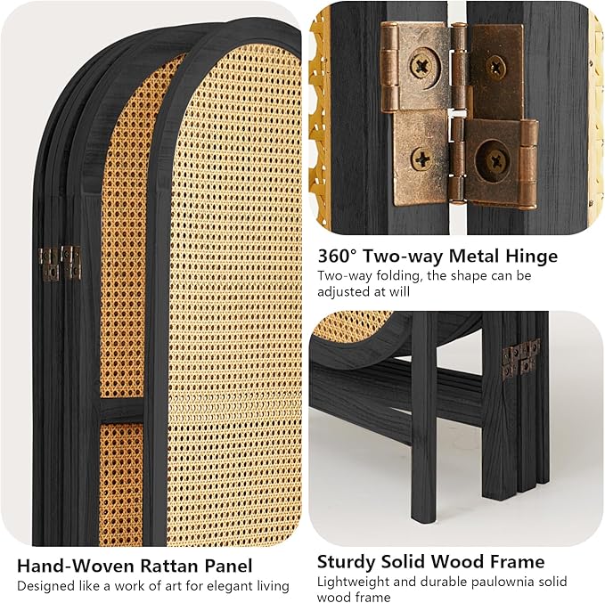 6 Panel Room Divider, Hand-Woven Rattan Room Divider Screen, Folding Privacy Screens with Double Hinges, Wooden Freestanding Wall Divider for Room Separation Bedroom Home Office - Black