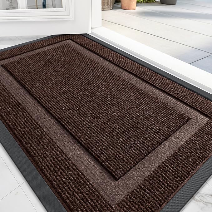 OLANLY Front Door Mat Indoor Outdoor Entrance, Waterproof All-Season, All-Weather Doormat, Sturdy Natural Rubber, Fade Resistant, Low Profile, Easy Clean Patio Porch Entryway Mat, 59x40, Dark Brown