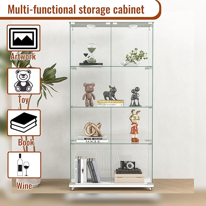 Yoluckea 4-Shelf Glass Display Cabinet with LED Lights, 2-Door Floor Standing Curio Cabinet with Universal Wheel for Home or Office, White Glass Bookshelf for Collections, Decor, and Corner Display