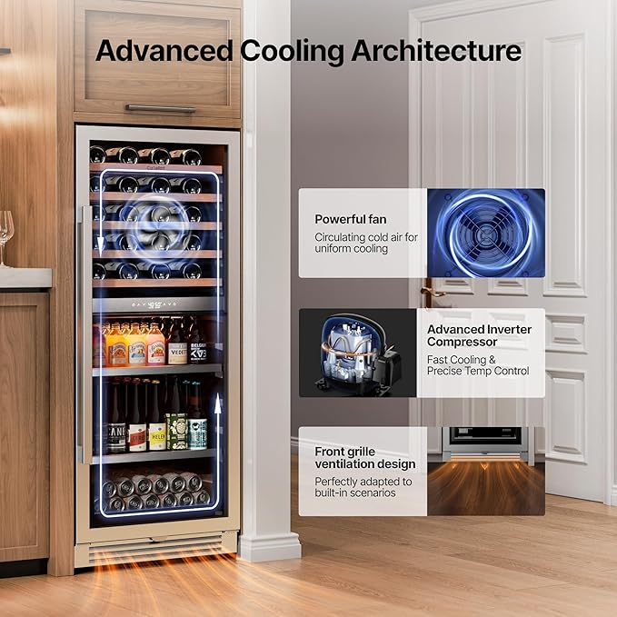 Ca'Lefort 24 Inch Wine Fridge - 112 Can & 40 Bottle Dual Zone Wine Cooler with Glass Door, 34-65°F Quiet Refrigerator with Bottom Drawer 3 LED Light Built-in for Home/Bar/Kitchen Right-Hinged Door