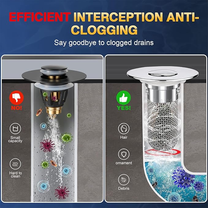 Bathroom Sink Drain Strainer, Pop Up Sink Drain Filter with Removable Stainless Steel Filter Basket Hair Catcher, Bathroom Sink Drain Stopper, for Us Bathroom Sink Stopper Replacement (4pcs)