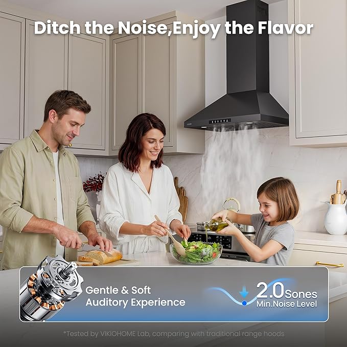 Wall Mount 30 Inch Range Hood 900 CFM, Ductless/Ducted Convertible, 3-speed Gesture Sensing & Touch Control, Black Painted Stainless Steel Kitchen Vent Hood with Permanent Baffle Filters