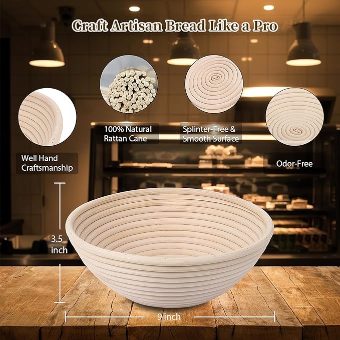Banneton Bread Proofing Basket - Proofing Basket Set of 2 (9 inch Round) - Natural Rattan Banneton with 4 Linen Liners - Bread Basket for Sourdough Bread Baking Supplies