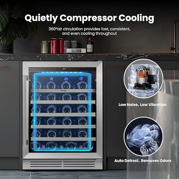 Yeego Wine Fridge Cooler - 24 Inch Wine Fridge Hold 52 Bottles, 40-65°F Wine Refrigerator Glass Door, Built in Fridge, Freestanding Adjustable Shelves Fridge for Beer Soda Drink Home Bar Office