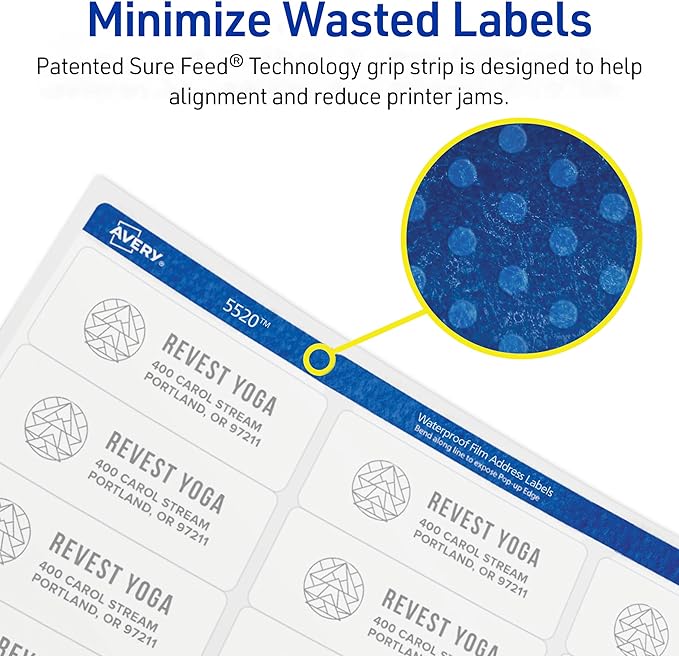 Avery Durable Waterproof Address Labels with Sure Feed Technology, 1" x 2-5/8", White, Laser & Pigment-Inkjet Compatible, 1,500 Blank Labels per Pack (5-Pack of 5520)