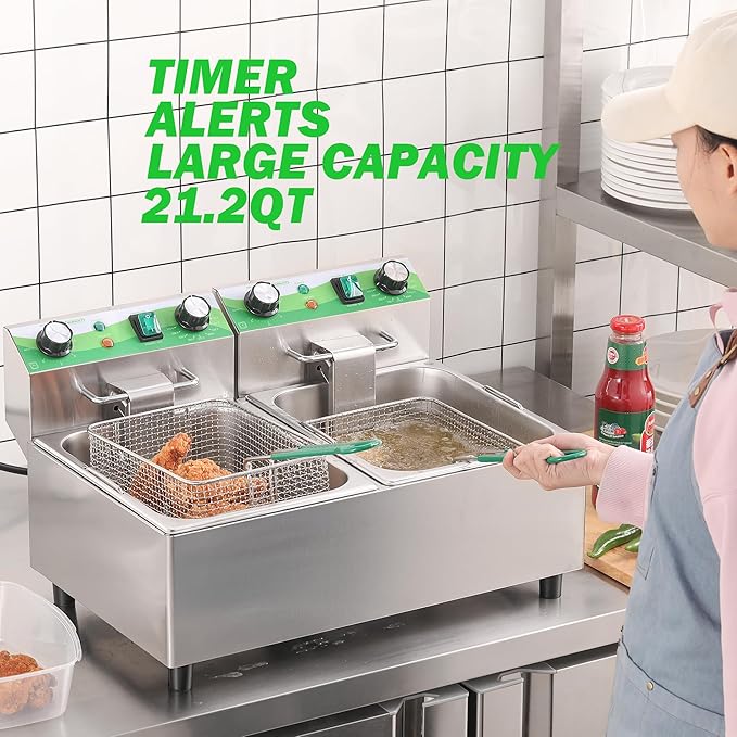 20L/21.2QT Commercial Deep Fryer with Timer Dual Tank Electric Countertop Fryer with Double Baskets and Lids, Temp Control, 3400W/110V Stainless Steel Large Deep Fryer for Restaurant Kitchen