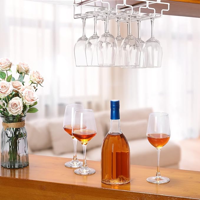 Wine Glass Rack Under Cabinet Drilling Free No Screw Steamware Holder Under Shelf Metal Wine Glasses Holders 304 Stainless Steel Hanger Storage Organizer Hanging Glass Fit for Bar Kitchen 3 Rows White