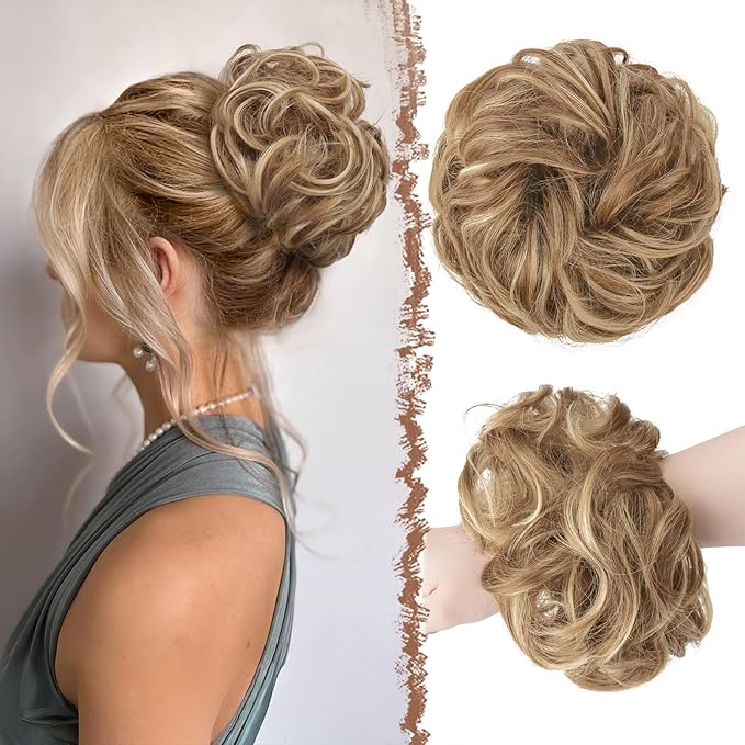 FESHFEN Large Messy Bun Hair Piece - Wavy Synthetic Chignon Scrunchies Elastic Ponytail Hair Extensions Thick Hairpieces for Women, Light Brown & Mixed Blonde 1.94oz