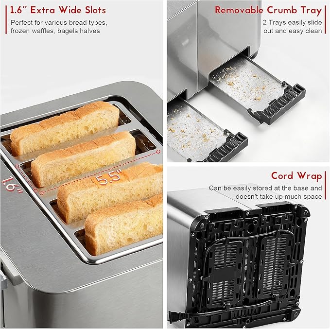 Toaster 4 Slice, Techwood Stainless Steel 4-Slice Toaster Wide Solt with LED Display & 6 Shade Settings, Perfect for Bagels, Waffles and More, Cancel/Defrost Functions & Removable Crumb Trays, 1500W