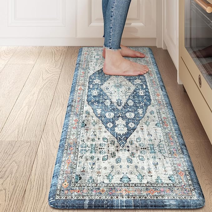 Collive Kitchen Mats for Floor, Boho Non Slip Kitchen Cushion Rug Kitchen Floor Mats Anti Fatigue for Office, Laundry, Sink, 17”x47”Dark Blue Non-Skid Waterproof Standing Desk Mat