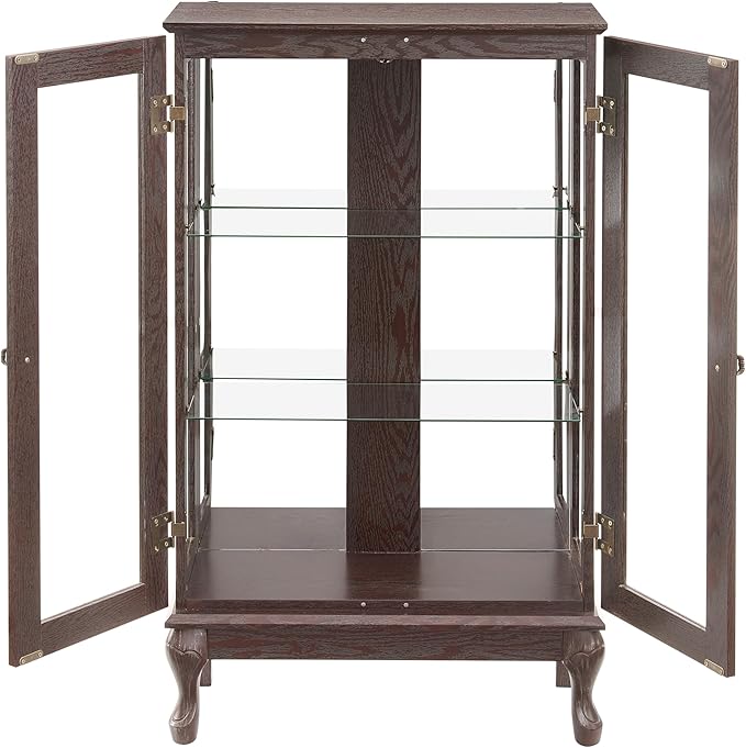 43" H Lighted Curio Cabinet Display Case, Glass Curio Cabinet with Adjustable Shelves and Tempered Glass Door, Wooden Cabinets w/Mirrored Back Pane for Living Room (Dark Cherry)