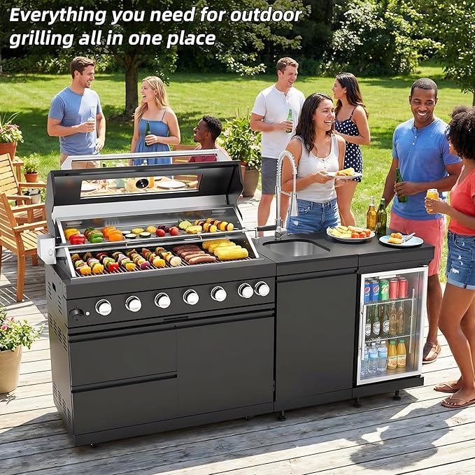 Outdoor Kitchen Island, 82 Inch 85000 BTU Gas Grill Combination With Refrigerator and Sink, Outdoor Stainless Steel Barbecue Bar, Natural Gas Barbecue Grill for Patios, Gardens, Parties