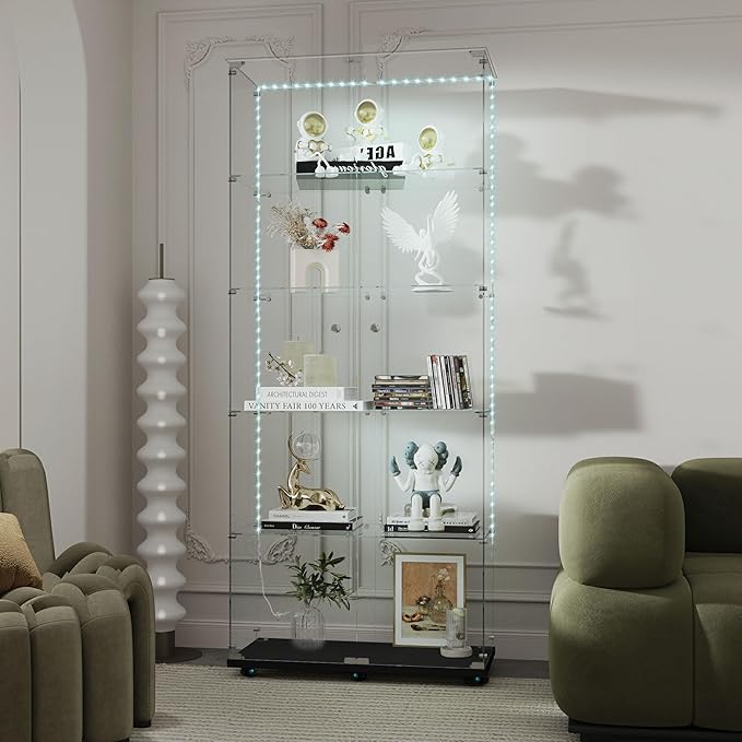 Yoluckea 5 Tiers Glass Display Cabinet with Bluetooth LED Light Strip, 2 Doors Floor Standing Curio Cabinet with Universal Wheel for Home Office Display,Black Glass Bookshelf for Collections,Clear Top