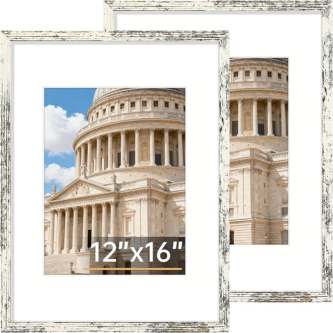 Vittanly 12x16 Picture Frame Set of 2, Solid Wood Frame for Wall Art Photo and Prints, Display Photo 8.5x11 with Mat or 12x16 without Mat, Distressed White