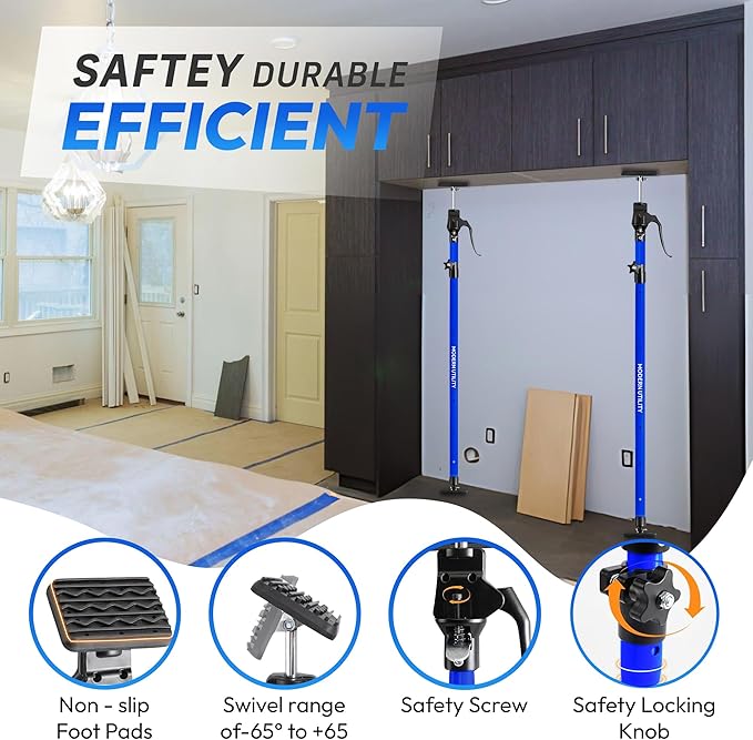 Adjustable Cabinet Jacks for Installing Cabinets (45.3-114.2 Inches 2 Pack) Heavy Duty 200 lb Metal Quick Support Rod & Third Hand Support System with Swivel Non-Slip Pads for Drywall and Ceilings.