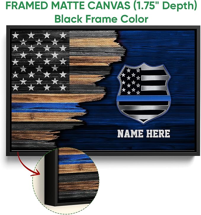 Custom Police Blue Line American Flag Back The Blue Personalized Name Poster & Framed Canvas, Wall Art Home Office Decoration Living Room Bedroom Aesthetic Decor