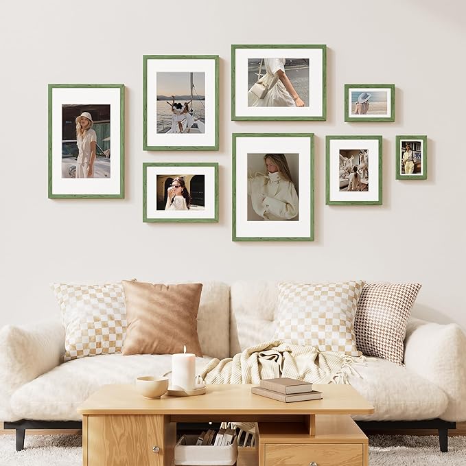 Vittanly 11x14 Picture Frame Set of 2, Solid Wood Frame for Wall Art Photo and Prints, Display Photo 8x10 with Mat or 11x14 without Mat, Rustic Green