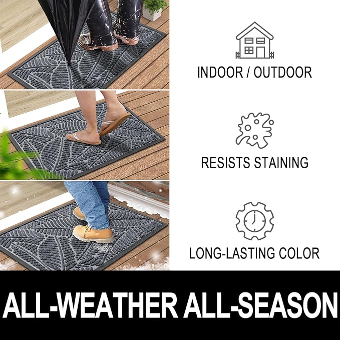 Colorxy Waterproof Doormat, Sturdy Natural Rubber Front Indoor Mat, Non Slip Low Profile Indoor Outdoor Door Mats, Stain and Fade Resistant Floor Mat, Easy Clean Patio Entrance Mat, 47''x24'', Grey