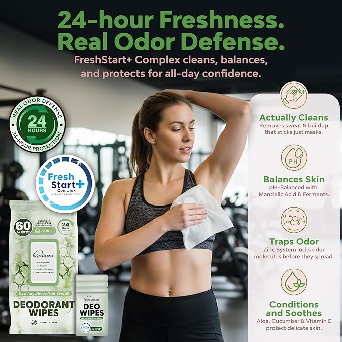 Deodorant Wipes for Women - Freshening Body Towelettes for Post-Workout, Travel, and Daily Deodorizing - On-the-Go Fresh Scent Cleansing Wipes, 120 Count (2 Pack)