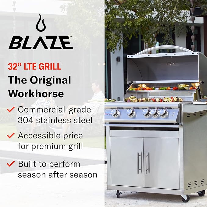 Blaze 32-Inch 4-Burner Built-In Natural Gas Grill | 66,000 BTU | Rear Infrared Burner & Grill Lights | 304 Stainless Steel Construction | BLZ-4LTE2-NG