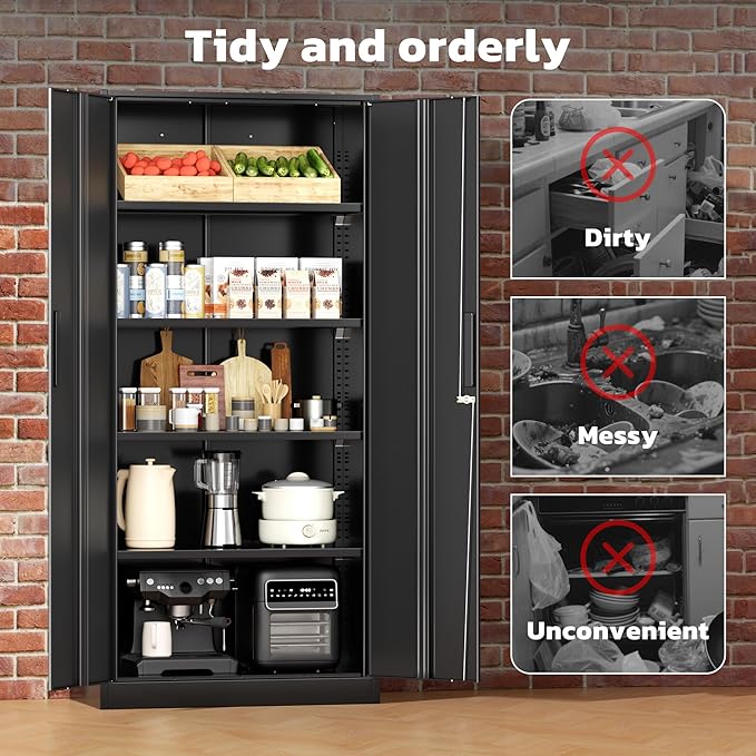 Greenvelly 72" H Metal Storage Cabinet, 32" W x 16" D Black Metal Cabinet with 2 Doors and 4 Adjustable Shelves, Locking Cabinets for Office, Home, Garage, School