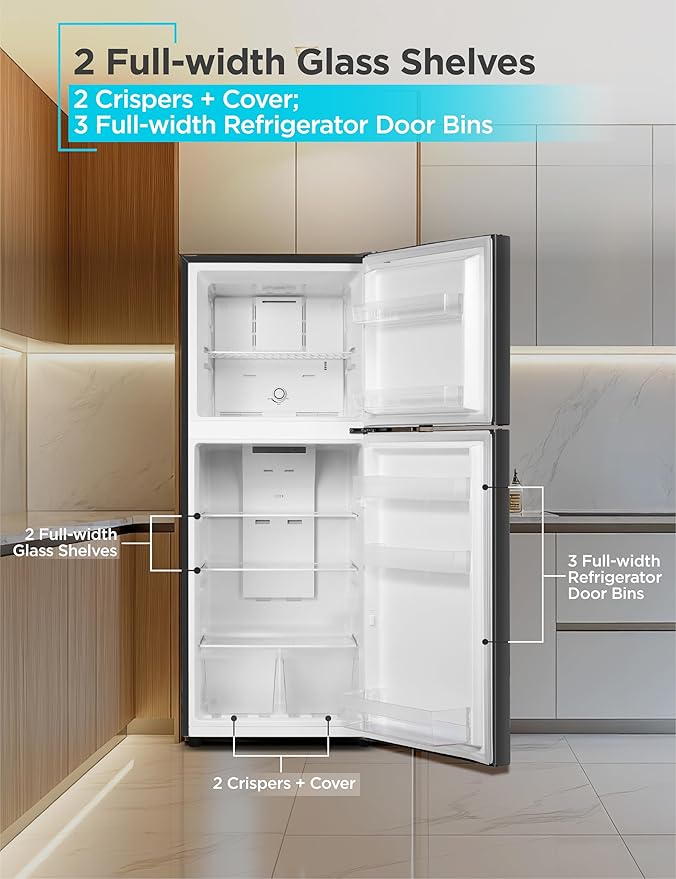 BLACK+DECKER 12.1 Cu. Ft. Top Mount Refrigerator with Freezer, 2 Door Refrigerator with Top Freezer and Adjustable Temperature Control, For Homes and Apartments, ENERGY STAR, BR1210HB, Black