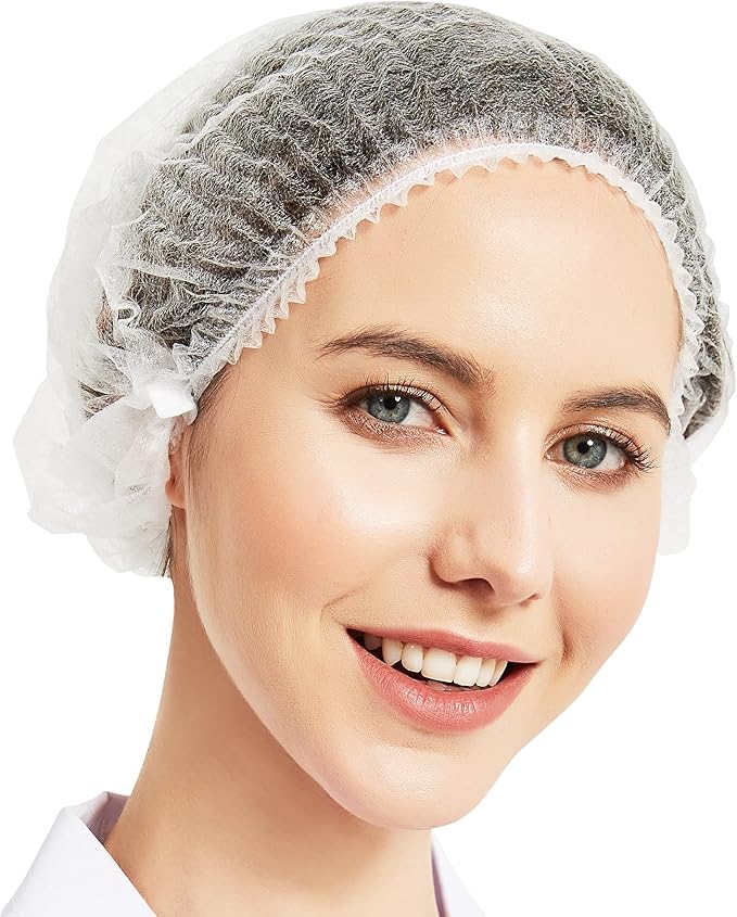 ProtectX 100-Pack White Disposable Hair Nets, Elastic Head Cover, Bouffant Caps, Sanitation Head Cover for Food Service, Spa Men & Women - 21 inch