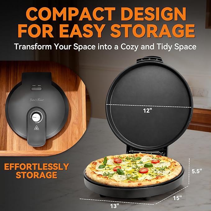 Baker’s Friend Pizza Maker Electric with Temperature Control, Indoor Quesadilla Maker, 12 Inch Electric Pizza Maker Machine for Home, Pizza Cooker, 1400W, Graphite