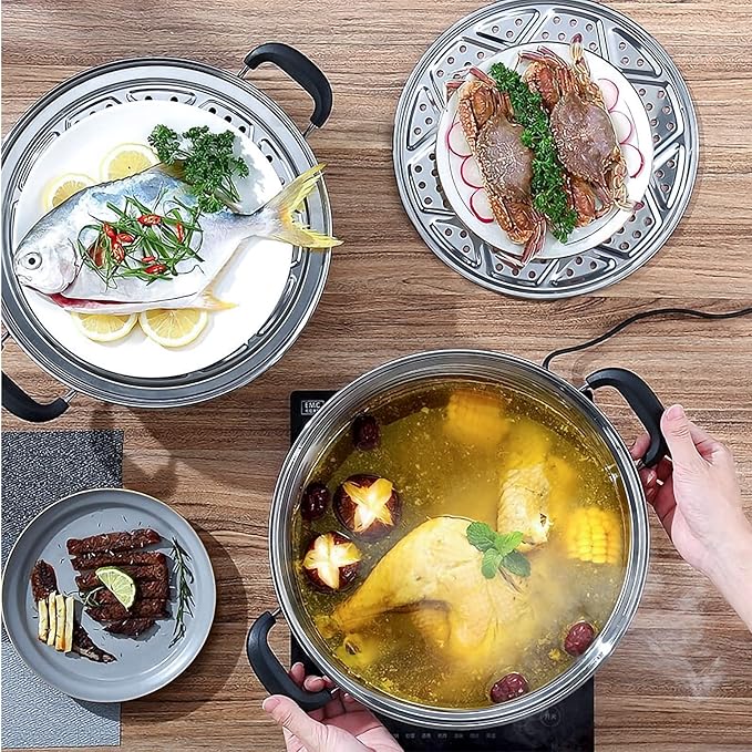 MANO Steamer Pot for Cooking 12.6 inch Steam Pots with Lid 2-tier Stainless Steel Steaming Pot Multipurpose Cookware with Handle for Vegetable, Dumpling, Stock, Sauce, Food…