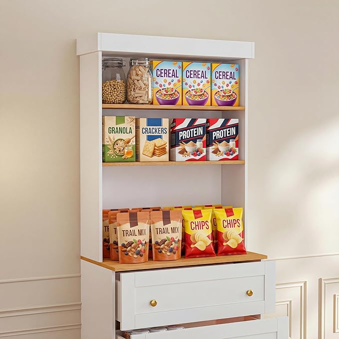 71" Tall Farmhouse Kitchen Pantry, Large Storage Cabinet with Drawers, Freestanding Coffee Bar Hutch with Microwave Stand, Adjustable Shelves for Kitchen, Living Room, White 2 Pcs