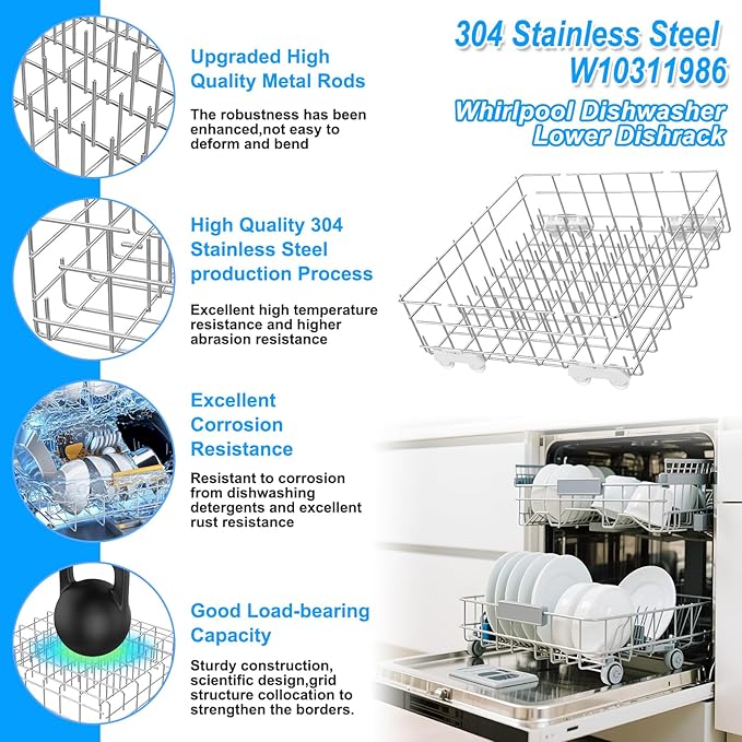Upgraded W10311986 W10380384 Dishwasher Lower Rack 304 Stainless Steel Compatible with Whirlpool Dishwasher Racks Replacement Parts WDT750SAHZ0 WDTA50SAHZ0 Whirlpool Dishwasher Bottom Rack with Wheel