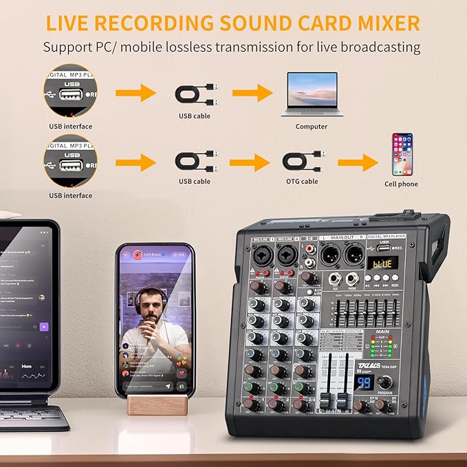 Audio Mixer, 4 Channel Sound Board Mixing Console with 99-Bit DSP, 7-Band Eq Output, Digital MP3 Computer Input, Professional DJ Mixer Board with 48V Phantom Power Stereofor Recording Live
