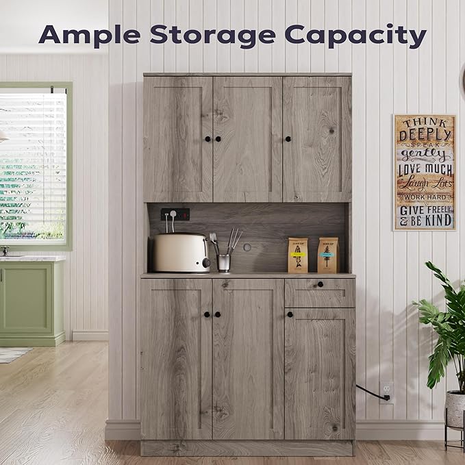 71" Pantry Cabinet with Charging Station, Tall Kitchen Pantry Storage Cabinet with Microwave Stand, Farmhouse Kitchen Hutch with Storage Drawer for Living Room, Dining Room, Ash Grey
