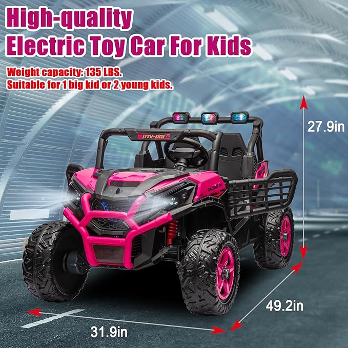 24V Ride On Car for Kids, 2 Seater Ride On UTV, Battery Powered Kids Electric Car with Remote Control, 4WD Side by Side Ride On Truck w/Bluetooth, Rose Pink